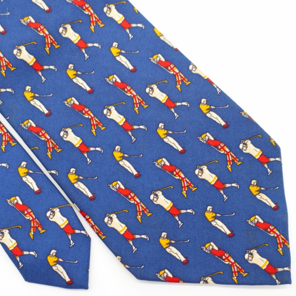 Paul Fredrick Blue Golf Print Wide Silk Tie Handsewn Italy USA